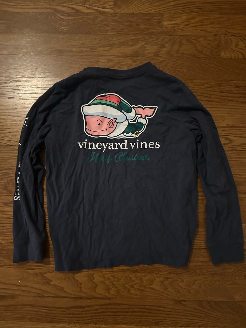 Vineyard Vines Kids Merry Christmas Elf Whale Long Sleeve Shirt Navy Blue Size 7
